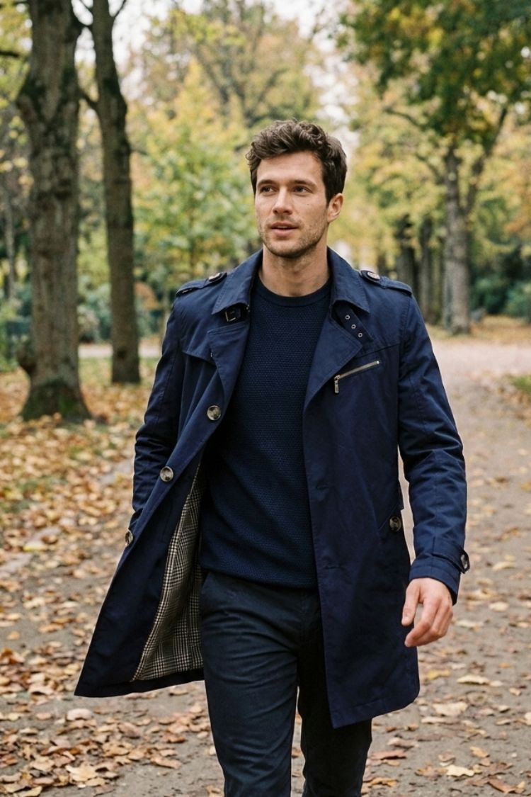 Herren Trenchcoat zweireihig Reverskragen Taschen mit Schulterdetails