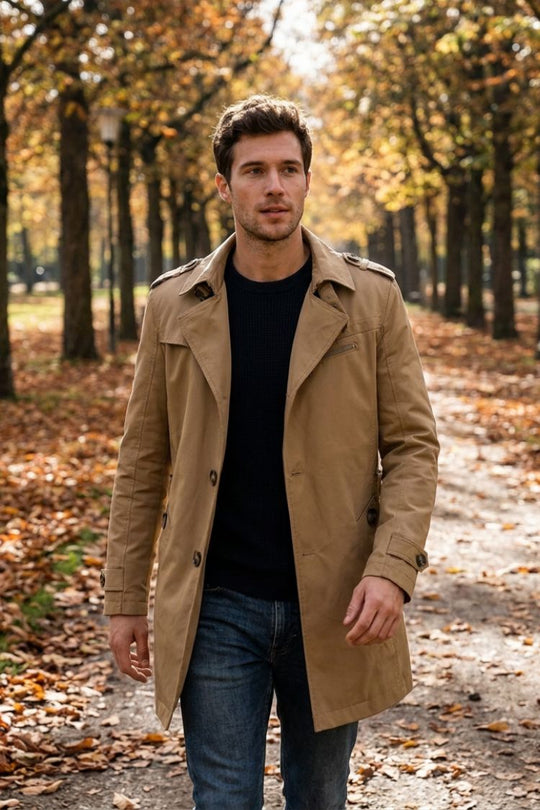 Herren Trenchcoat zweireihig Reverskragen Taschen mit Schulterdetails