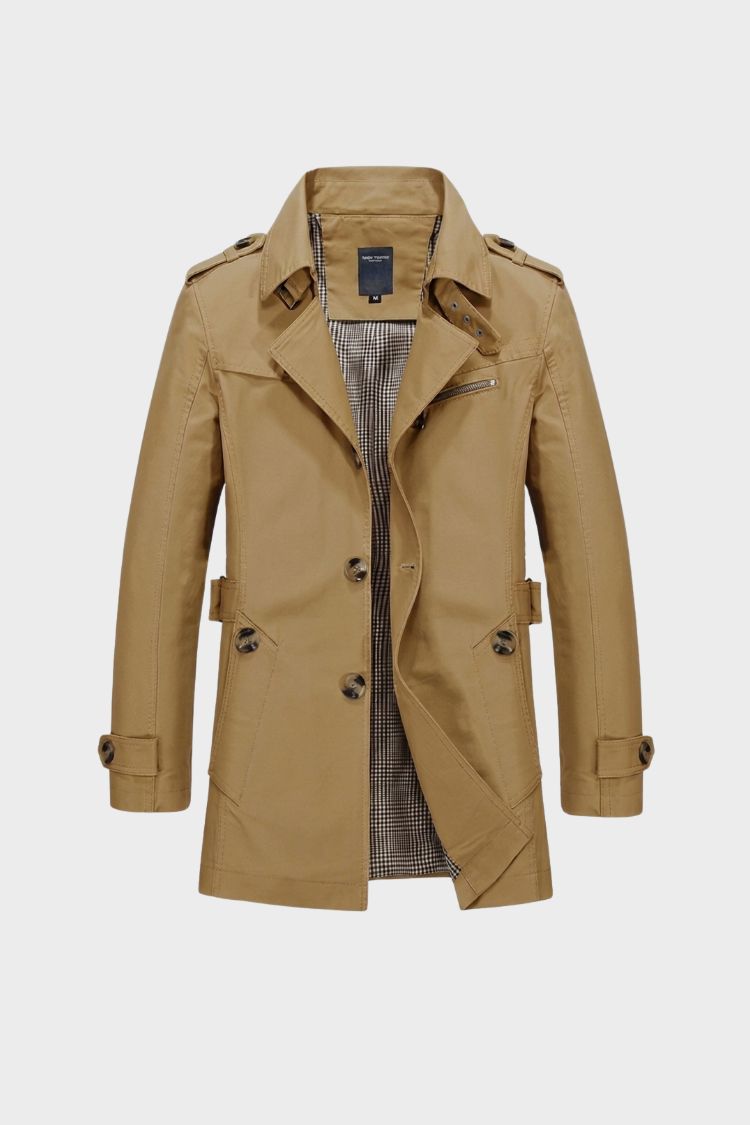 Herren Trenchcoat zweireihig Reverskragen Taschen mit Schulterdetails