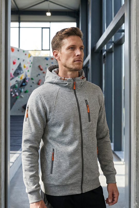 Herren Zip Hoodie Kapuze Brusttasche Lange Ärmel mit Kontrastzipper