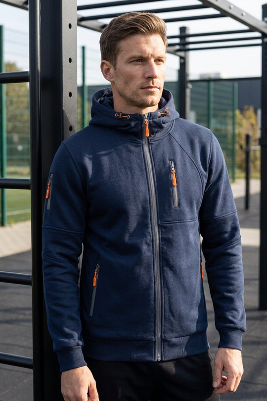Herren Zip Hoodie Kapuze Brusttasche Lange Ärmel mit Kontrastzipper