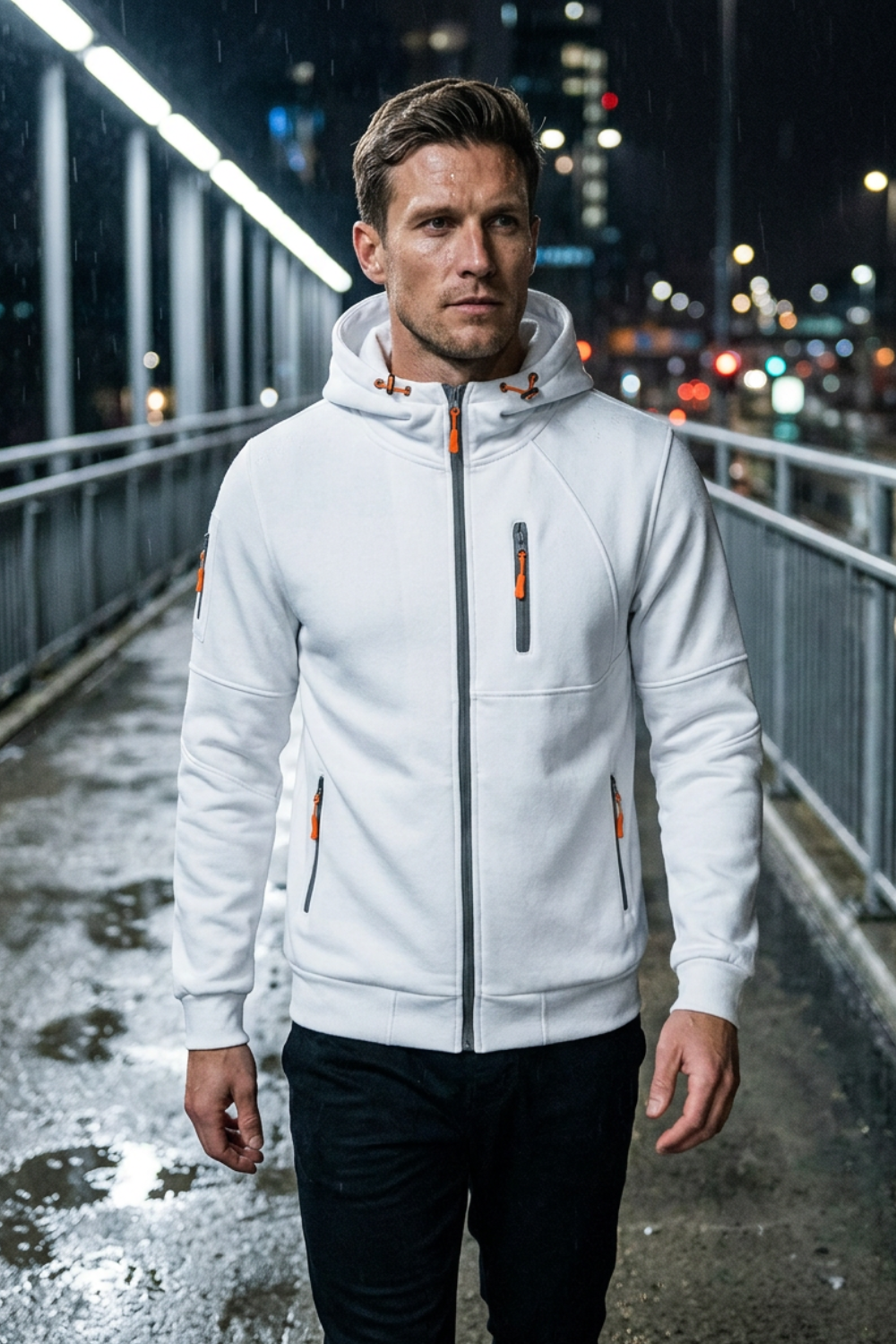 Herren Zip Hoodie Kapuze Brusttasche Lange Ärmel mit Kontrastzipper