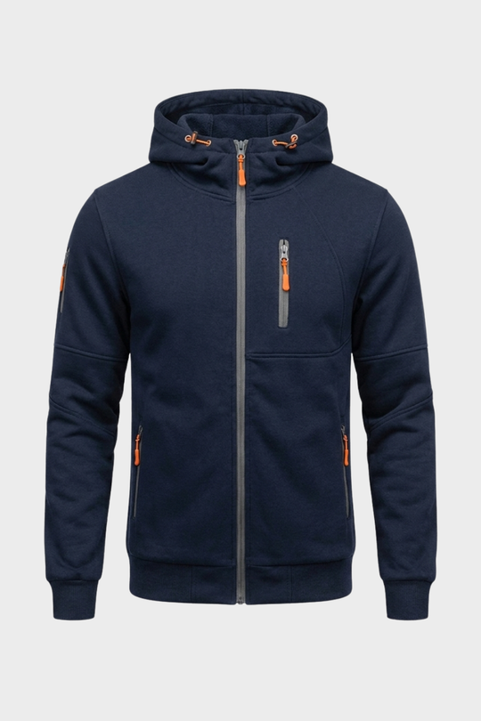 Herren Zip Hoodie Kapuze Brusttasche Lange Ärmel mit Kontrastzipper