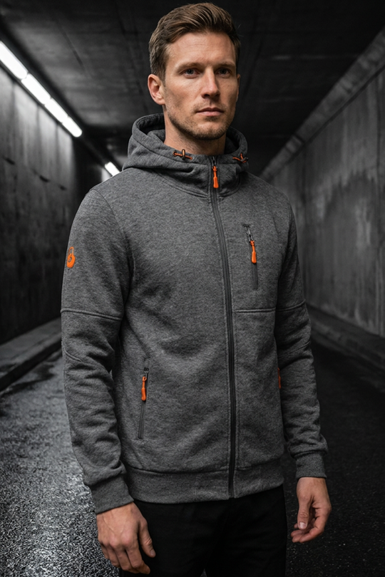 Herren Zip Hoodie Kapuze Brusttasche Lange Ärmel mit Kontrastzipper