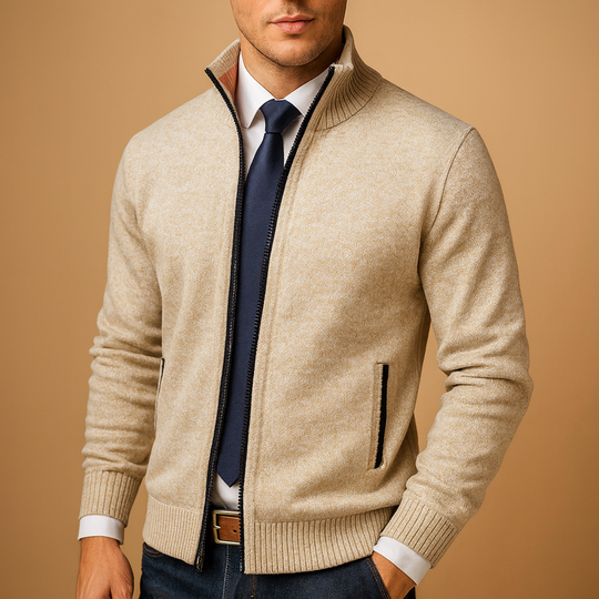 Herren Cardigan Beige | Klassische Strickjacke mit Reißverschluss 0