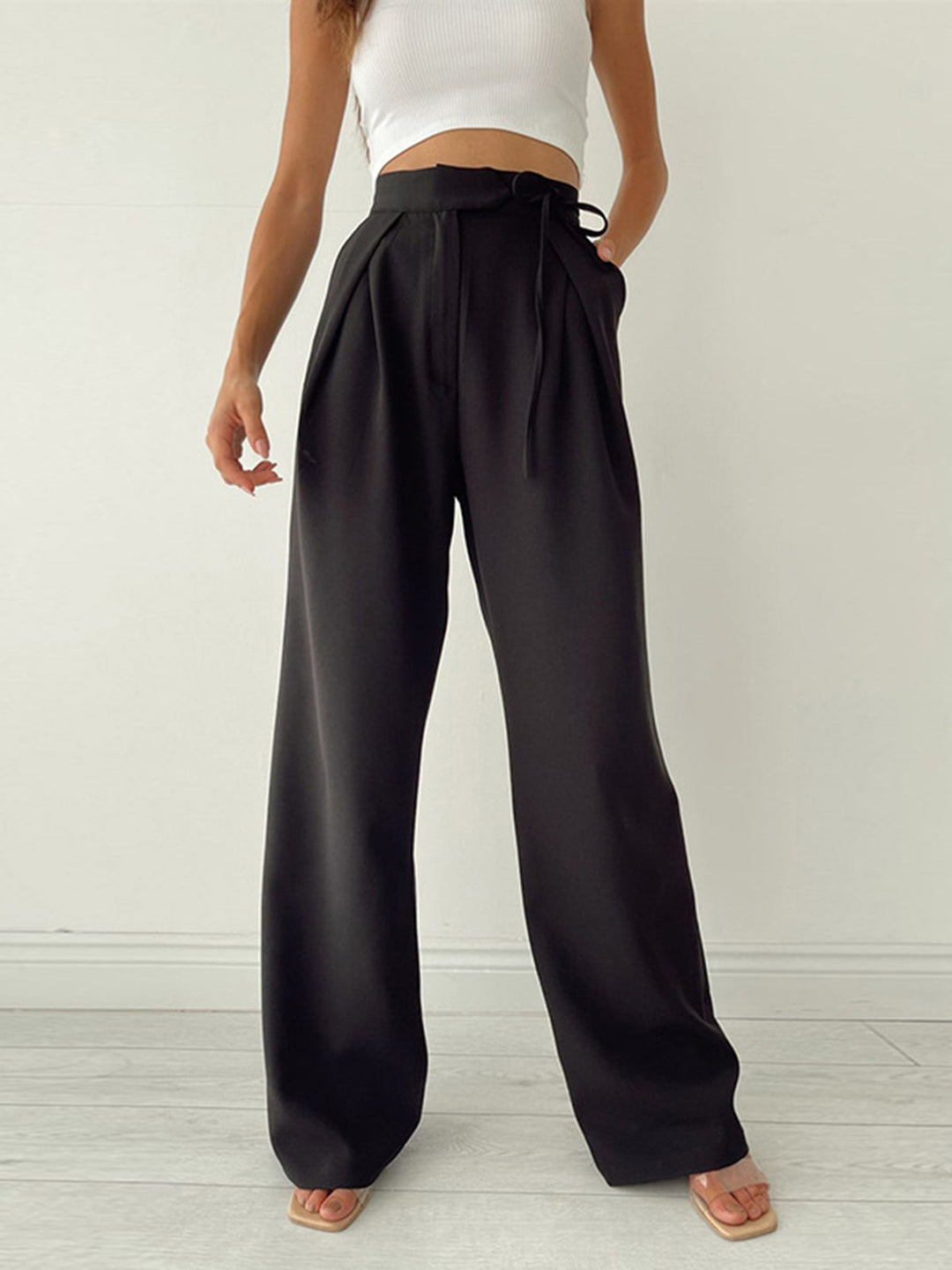 High-Waist-Stoffhose Damen | Weite Beine & Taillenschleife für Eleganten Look