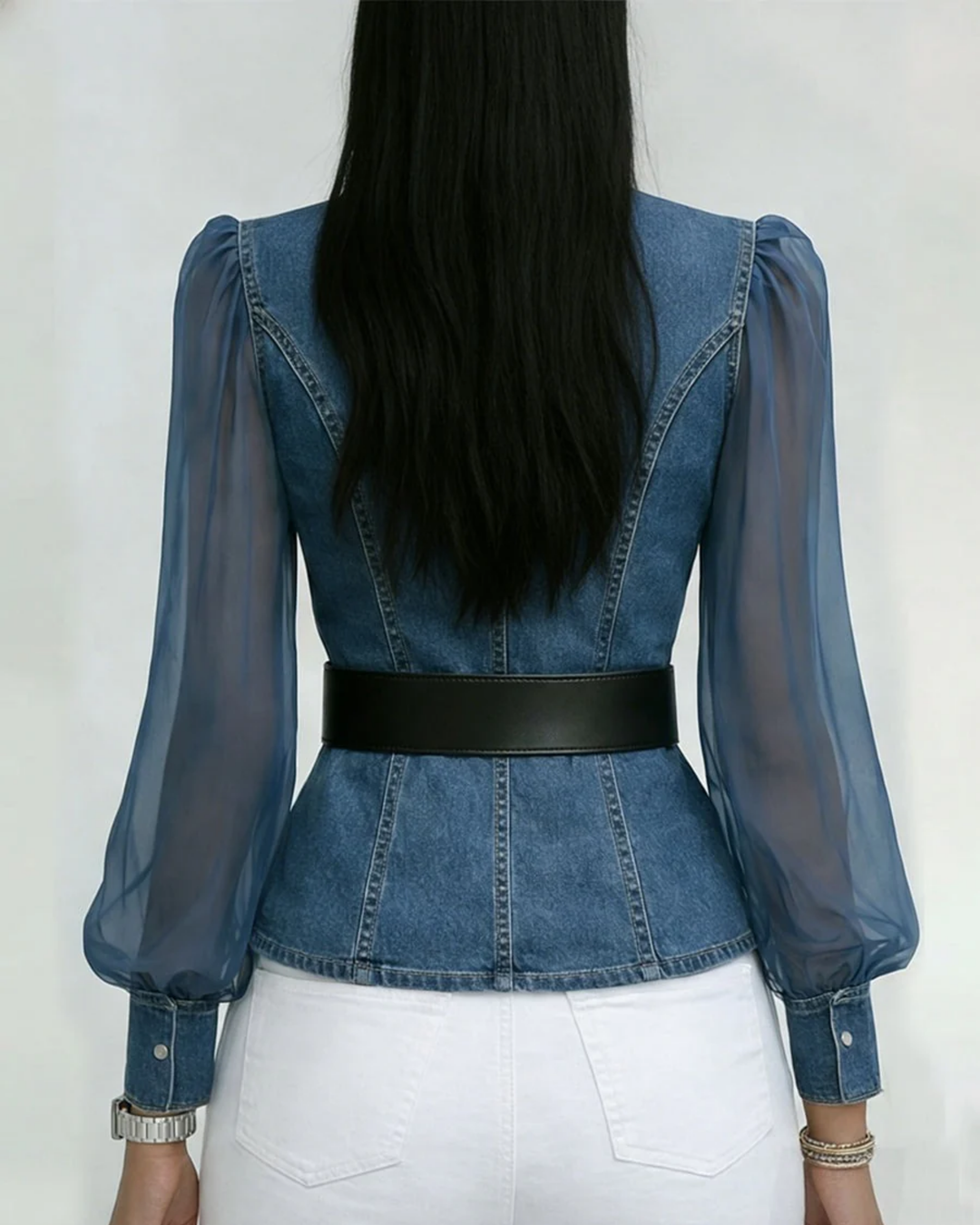Jeansbluse Damen | Transparente Puffärmel & Taillierte Passform 2