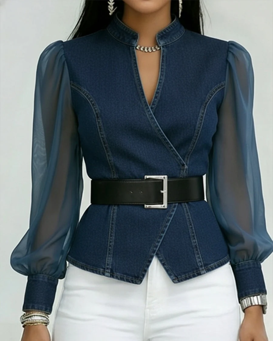 Jeansbluse Damen | Transparente Puffärmel & Taillierte Passform 5