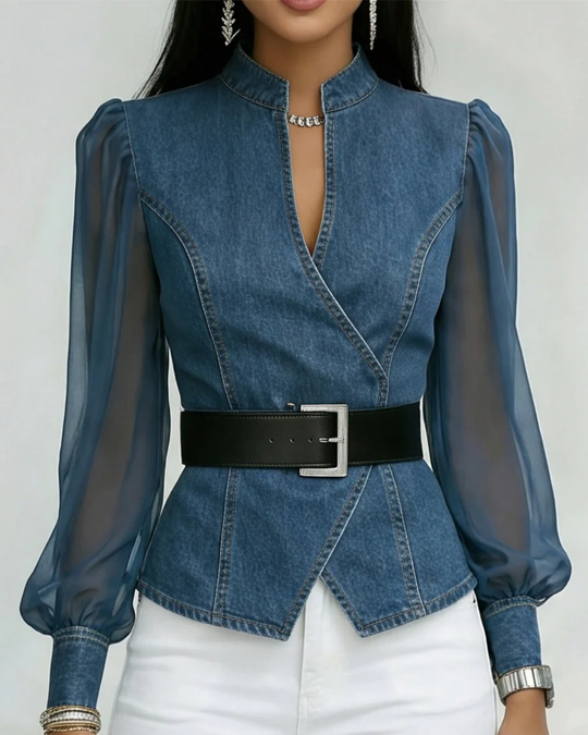 Jeansbluse Damen | Transparente Puffärmel & Taillierte Passform 1