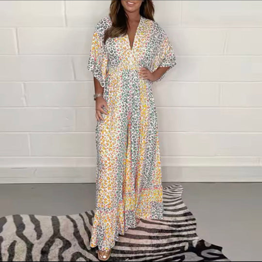 Jumpsuit Damen mit V-Ausschnitt und Leopardenprint - Viollet