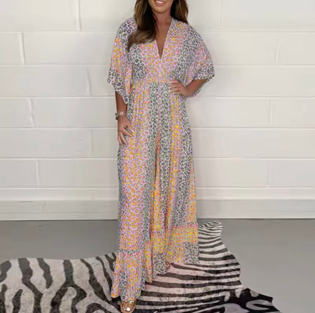 Jumpsuit Damen mit V-Ausschnitt und Leopardenprint - Viollet