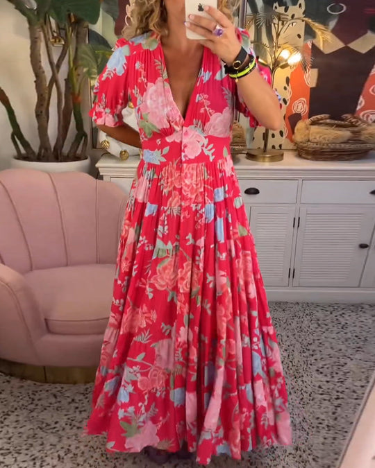 Jurk met V-hals zak met bloemenprint 0