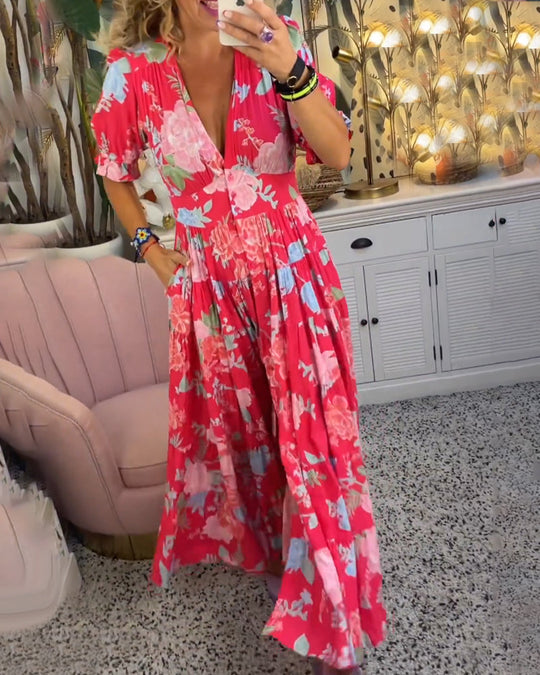 Jurk met V-hals zak met bloemenprint 2