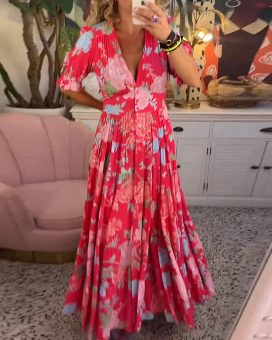 Jurk met V-hals zak met bloemenprint 3