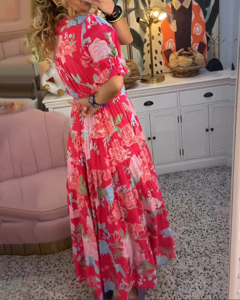 Jurk met V-hals zak met bloemenprint 5