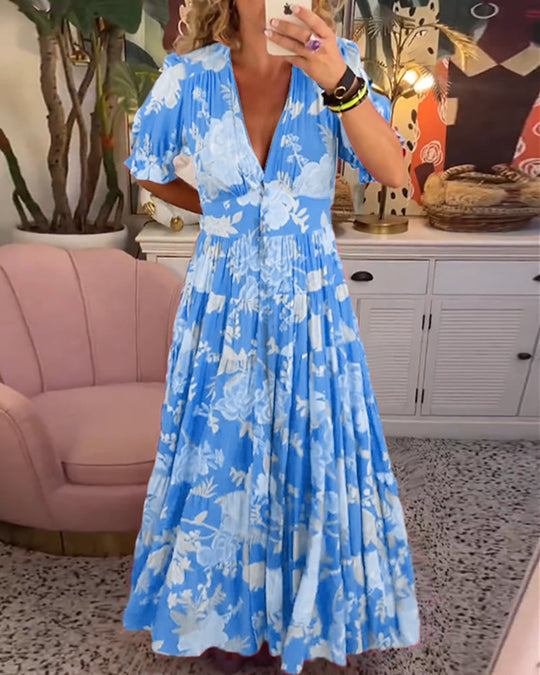 Jurk met V-hals zak met bloemenprint 6