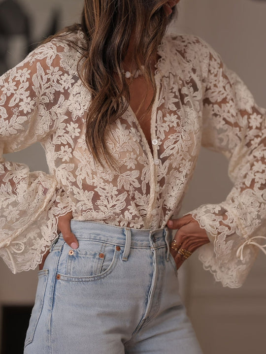 Kanten shirt Dames | V-hals & knoopsluiting voor een elegante look