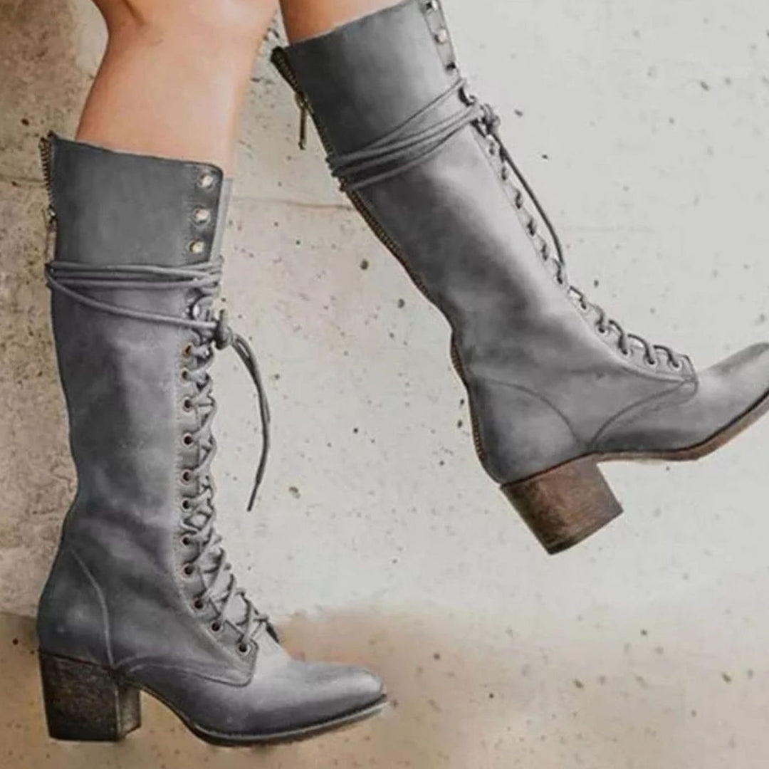 Kniehohe Stiefel Damen | Schnürung & Blockabsatz