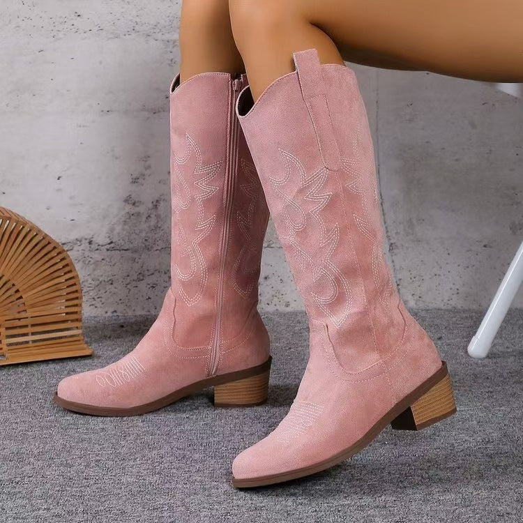 Damen-Kniestiefel im Westernstil mit mittelhohem Blockabsatz