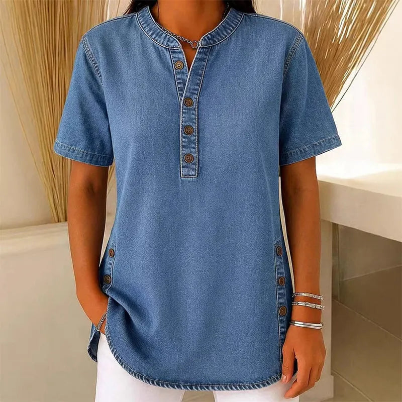 Kynessa - Lichte denim tuniek voor dames met korte mouwen en V-hals 0