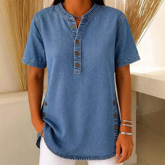 Kynessa - Lichte denim tuniek voor dames met korte mouwen en V-hals 0