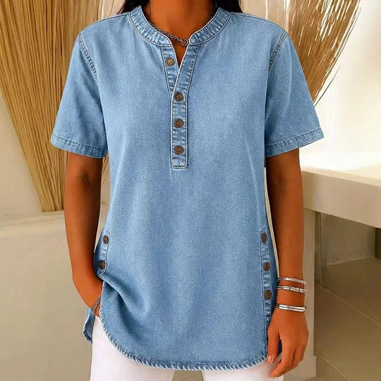 Kynessa - Lichte denim tuniek voor dames met korte mouwen en V-hals 1
