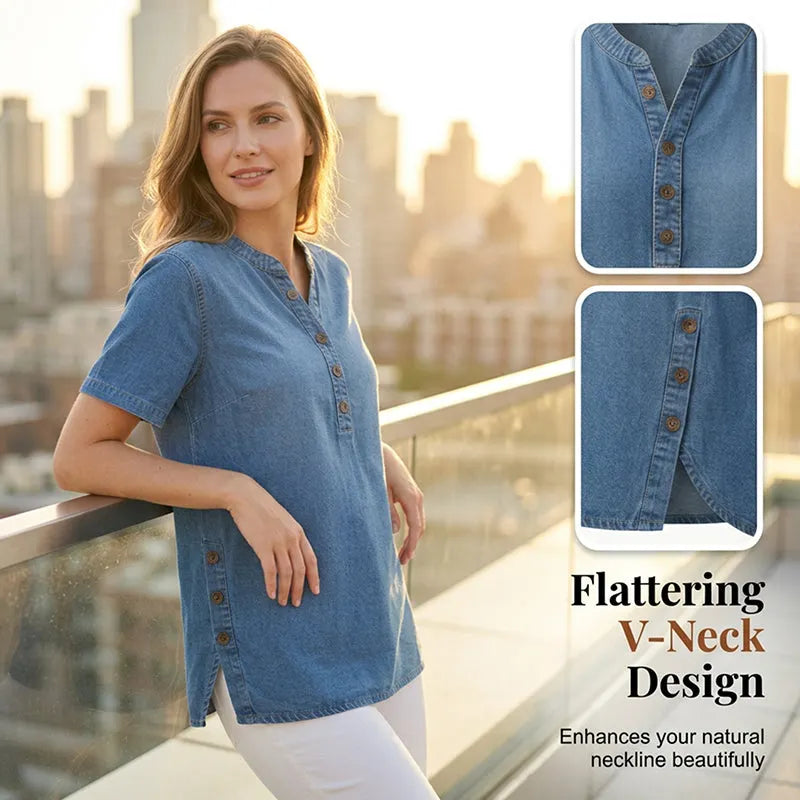 Kynessa - Lichte denim tuniek voor dames met korte mouwen en V-hals 7