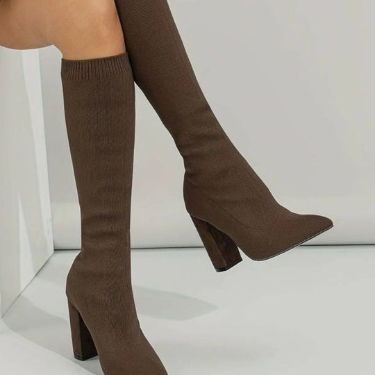 Gebreide Kniehoge Laars Dames Puntige Neus Blokhak | Elegant 8