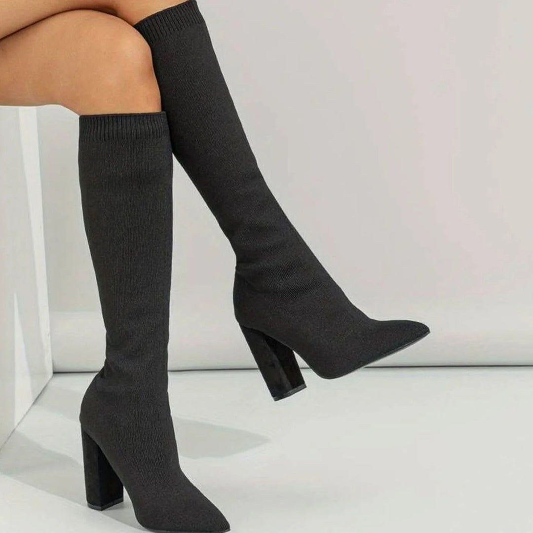 Gebreide Kniehoge Laars Dames Puntige Neus Blokhak | Elegant 0
