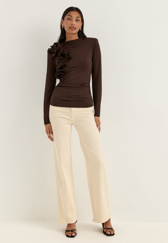Flounce long Sleeve Top Brown