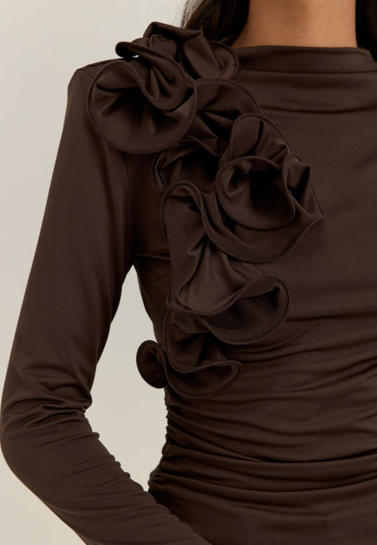 Flounce long Sleeve Top Brown