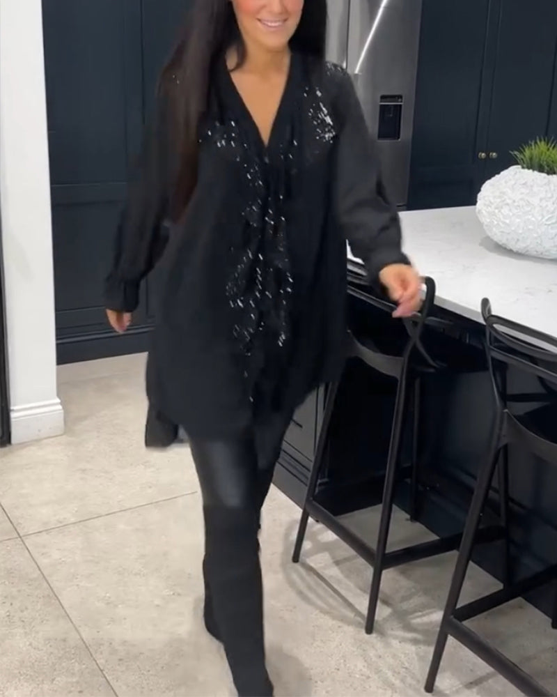 Lange Blouse Dames | Pailletten Ruches & Elegante Uitlopende Mouwen