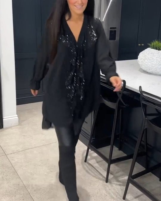 Lange Blouse Dames | Pailletten Ruches & Elegante Uitlopende Mouwen