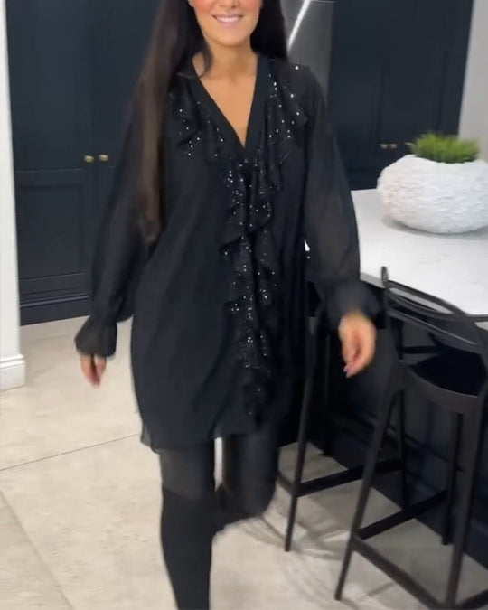 Lange Blouse Dames | Pailletten Ruches & Elegante Uitlopende Mouwen