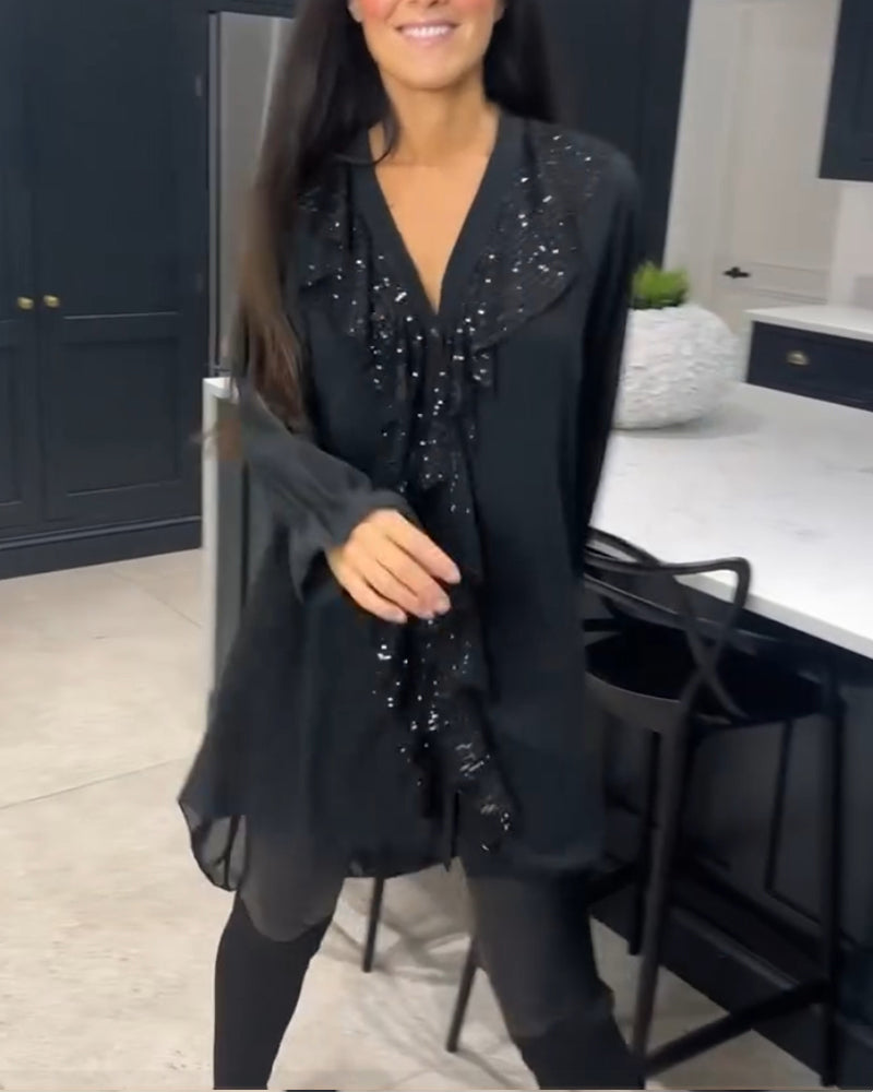Lange Blouse Dames | Pailletten Ruches & Elegante Uitlopende Mouwen