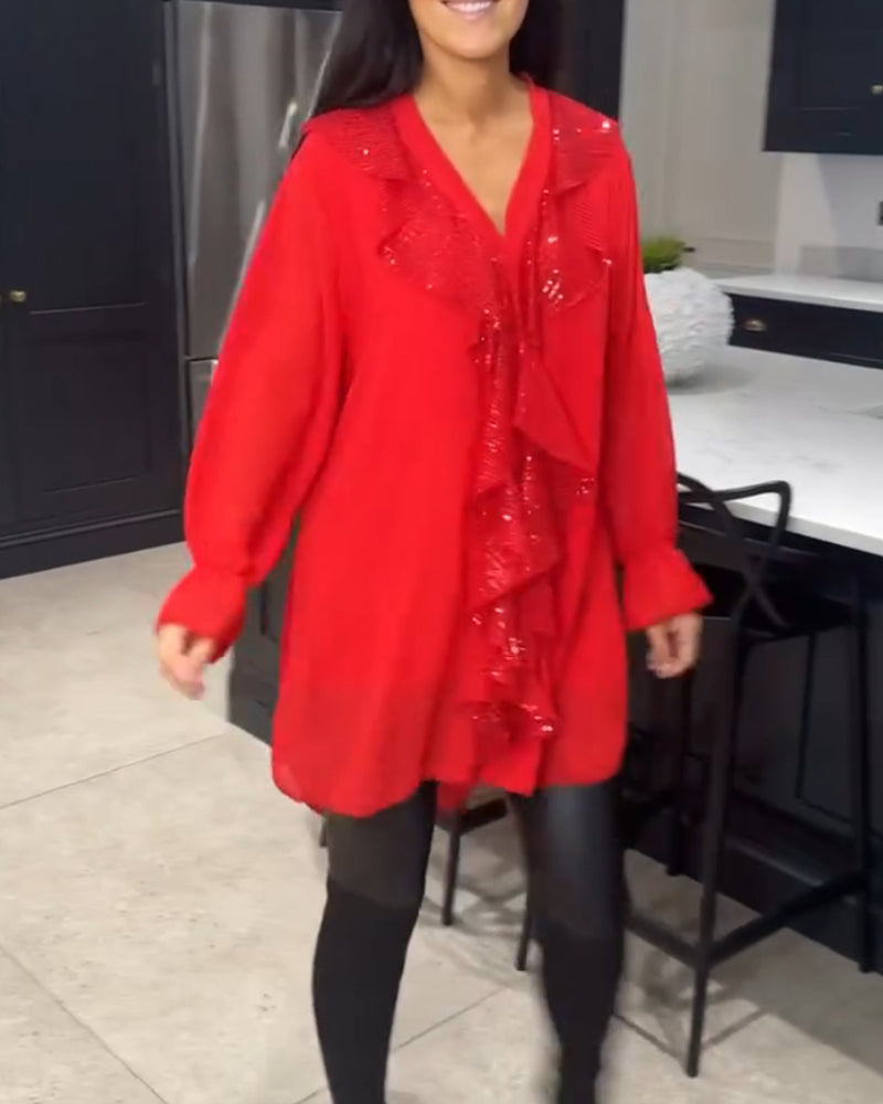 Lange Blouse Dames | Pailletten Ruches & Elegante Uitlopende Mouwen