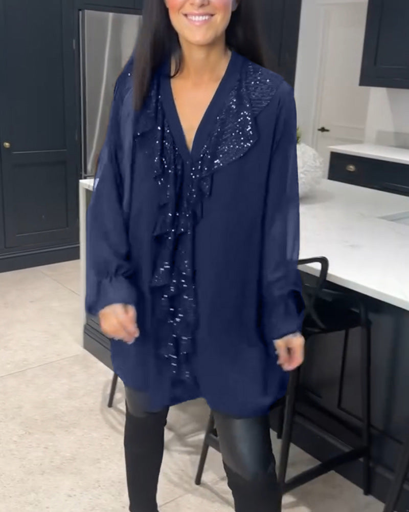 Lange Blouse Dames | Pailletten Ruches & Elegante Uitlopende Mouwen