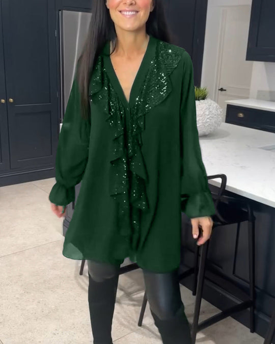 Lange Blouse Dames | Pailletten Ruches & Elegante Uitlopende Mouwen