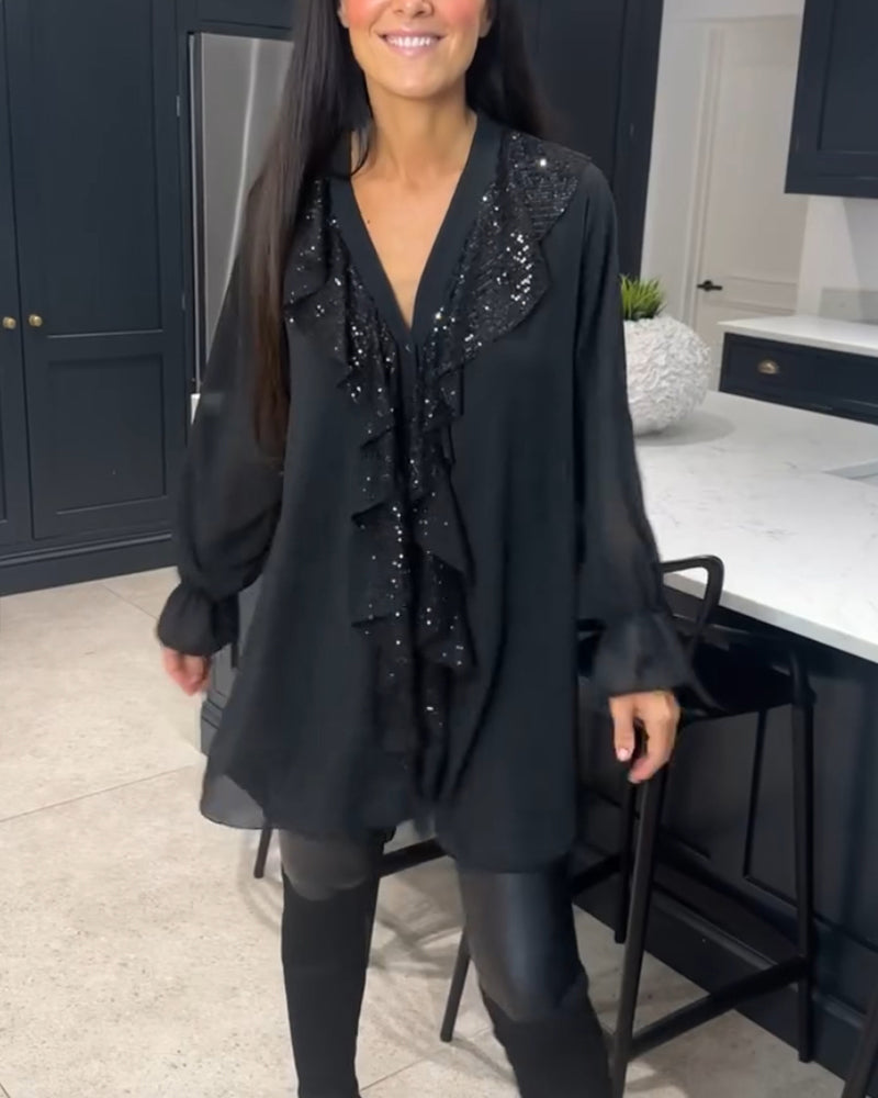 Lange Blouse Dames | Pailletten Ruches & Elegante Uitlopende Mouwen