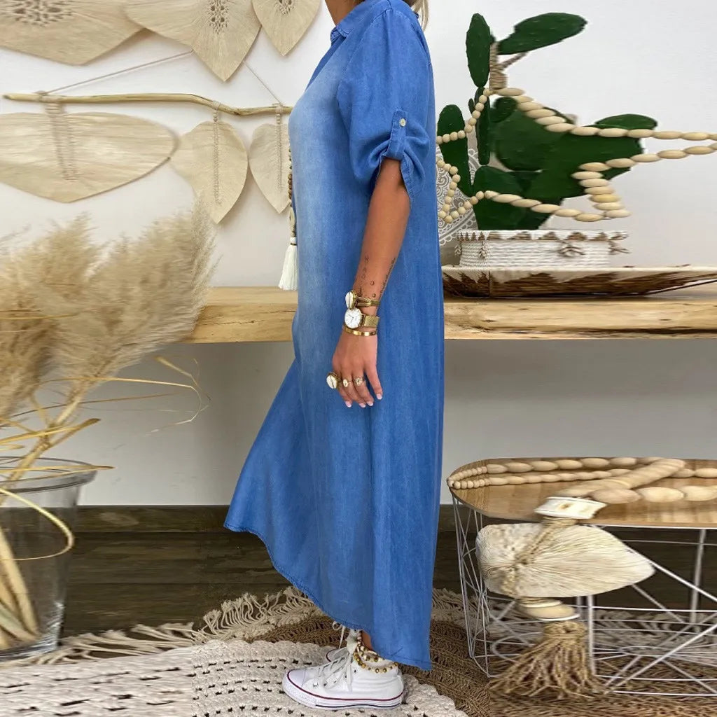 Lea | Lange jurk in jeanslook met zijsplit 3