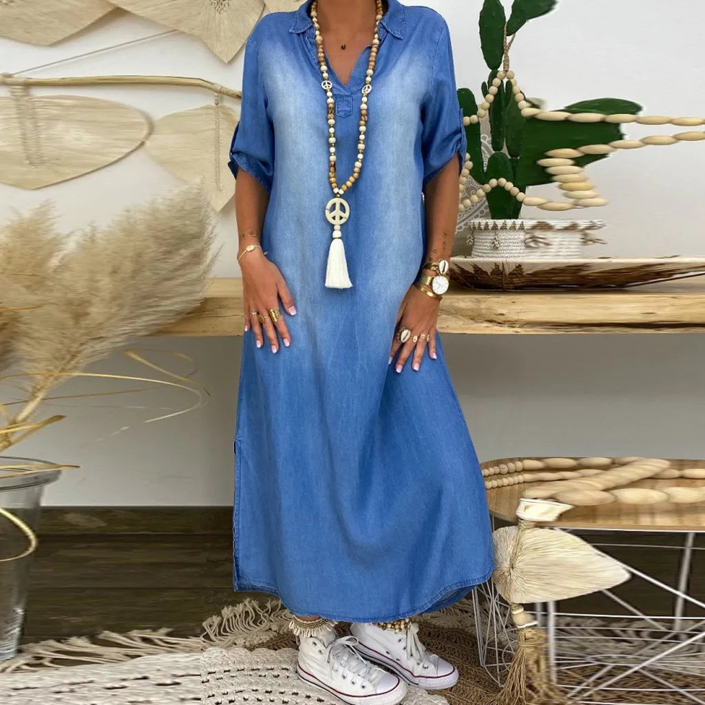 Lea | Lange jurk in jeanslook met zijsplit 5