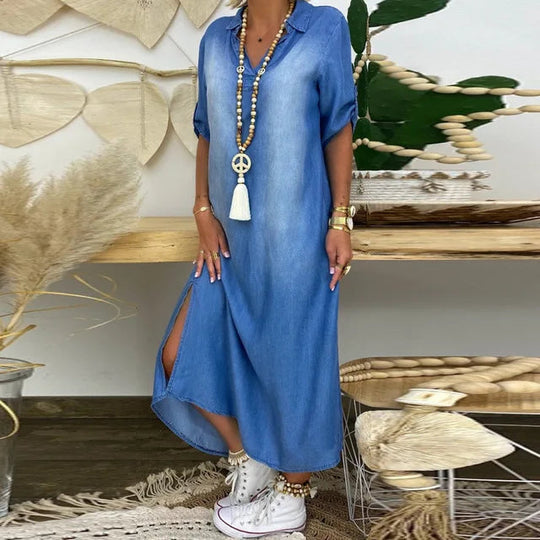 Lea | Lange jurk in jeanslook met zijsplit 0