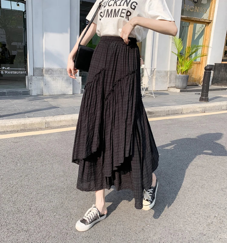 Lange Rok Dames | Retro Ruitpatroon & Asymmetrische Volantrok