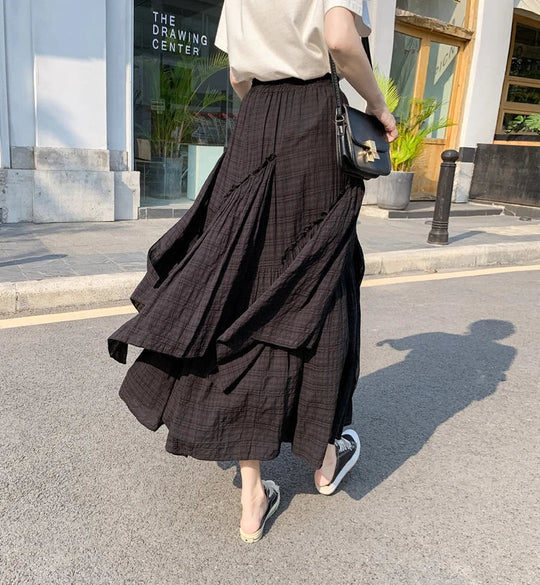 Lange Rok Dames | Retro Ruitpatroon & Asymmetrische Volantrok