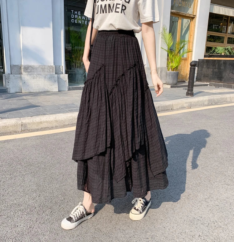 Lange Rok Dames | Retro Ruitpatroon & Asymmetrische Volantrok