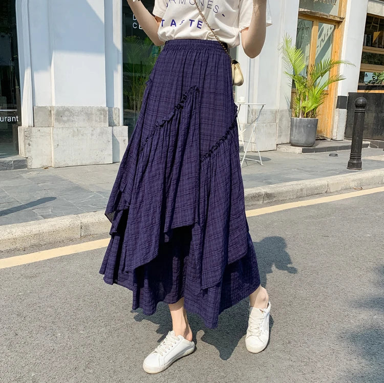 Lange Rok Dames | Retro Ruitpatroon & Asymmetrische Volantrok
