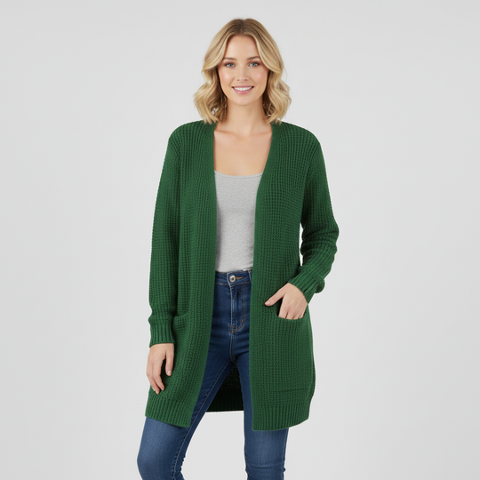Damen Lange Strickjacke Taschen Langarm Strickcardigan 1