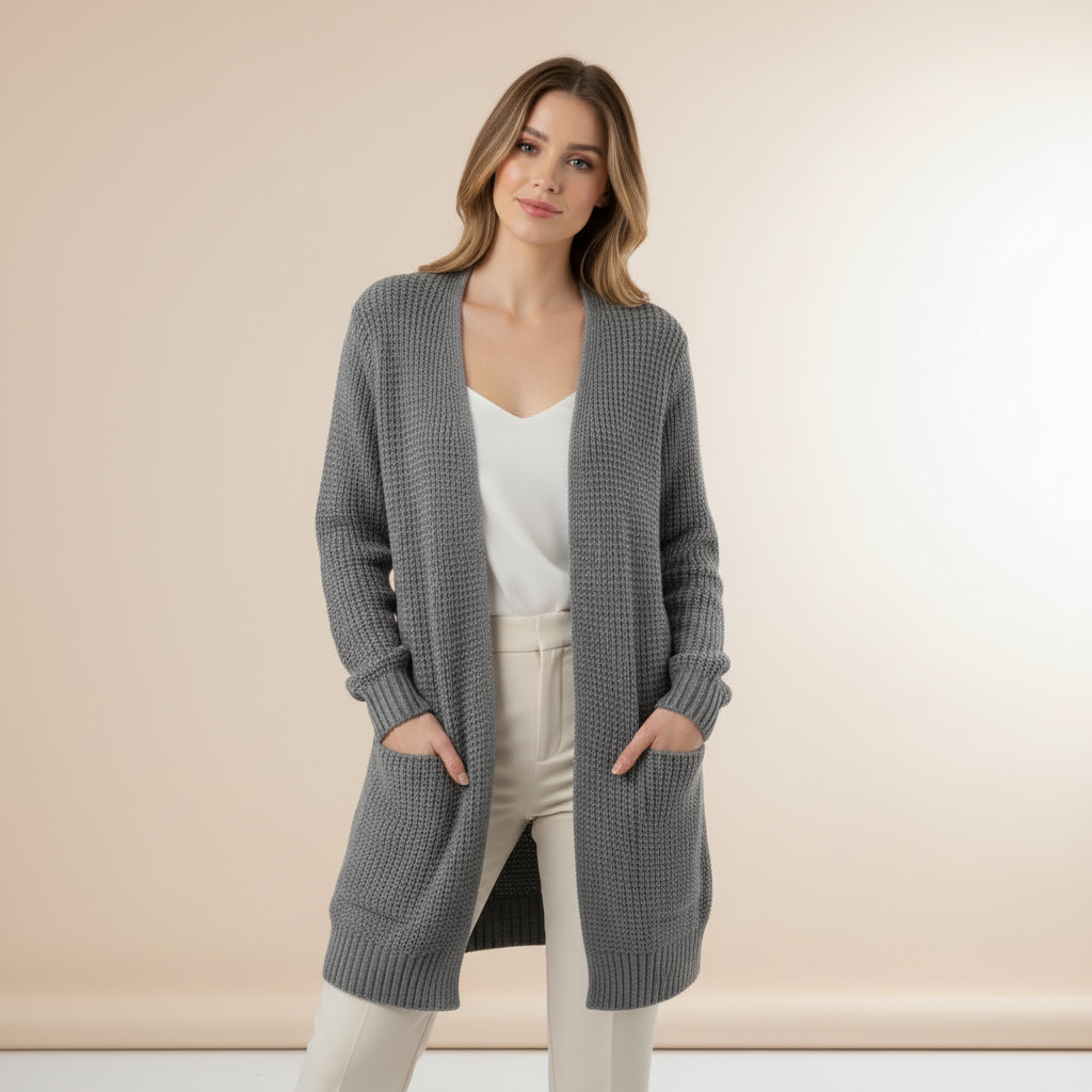 Damen Lange Strickjacke Taschen Langarm Strickcardigan 2