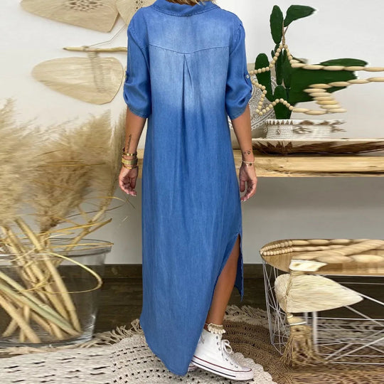 Lea | Lange jurk in jeanslook met zijsplit 4