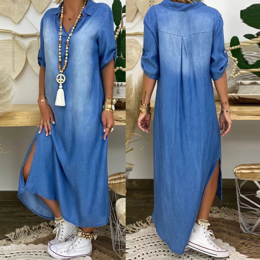 Lea | Lange jurk in jeanslook met zijsplit 6